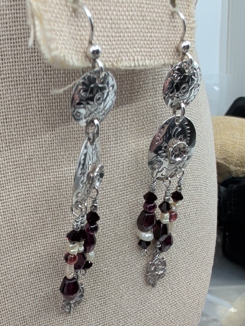 Vintage 925 Sterling Silver Floral Repoussé Chandelier Earrings 3" - Picture 7 of 17